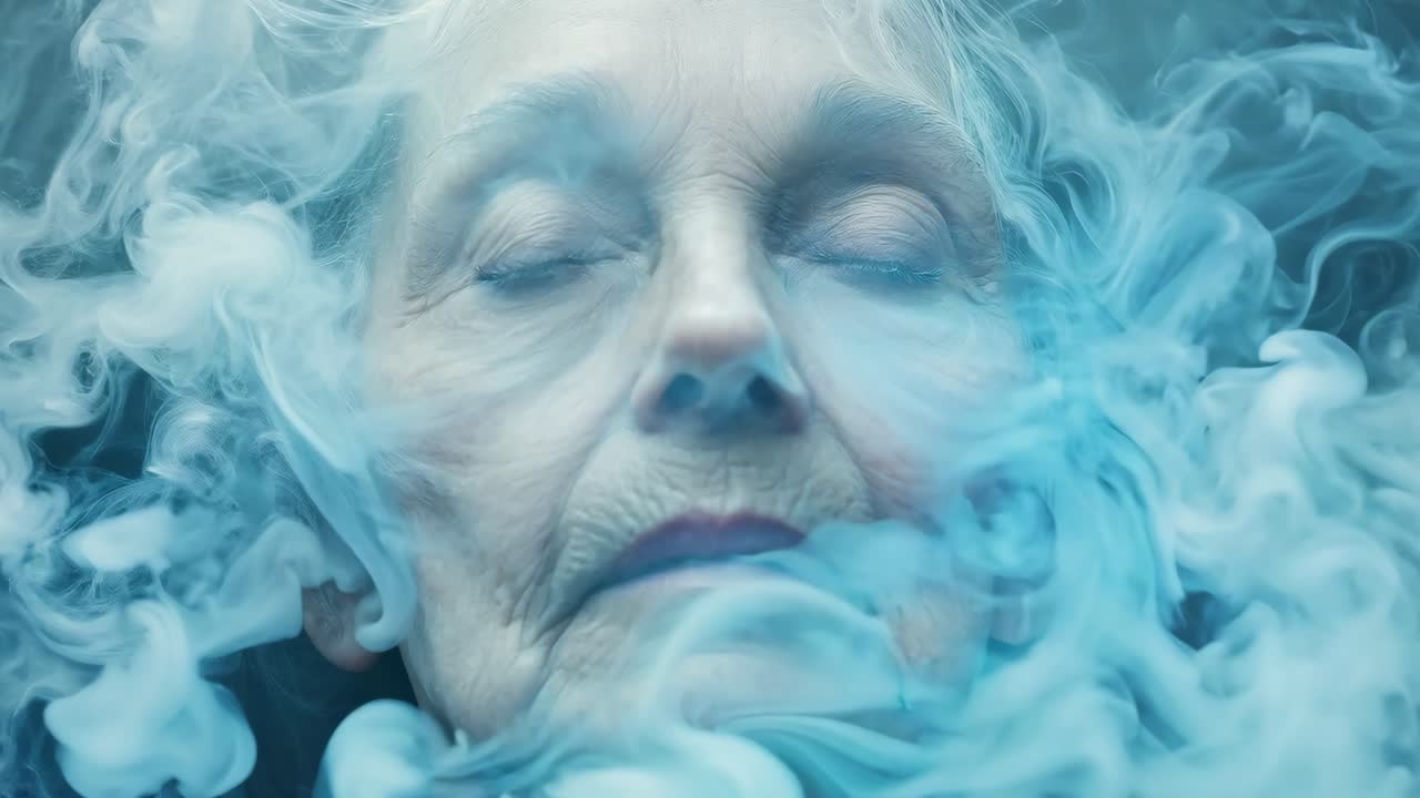 A woman is shown in a blue haze with her eyes closed. Concept of calm and relaxation, as the woman is meditating or taking a break from the world