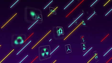 neon diagonal lines and floating eco icons animating over dark purple gradient digital interface