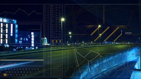 animation of graph, lines, navigation concept over time-lapse of moving vehicles against buildings