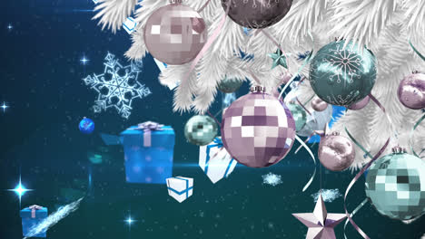 Animation-of-baubles-on-christmas-tree-over-falling-gifts-and-snowflakes-on-night-sky