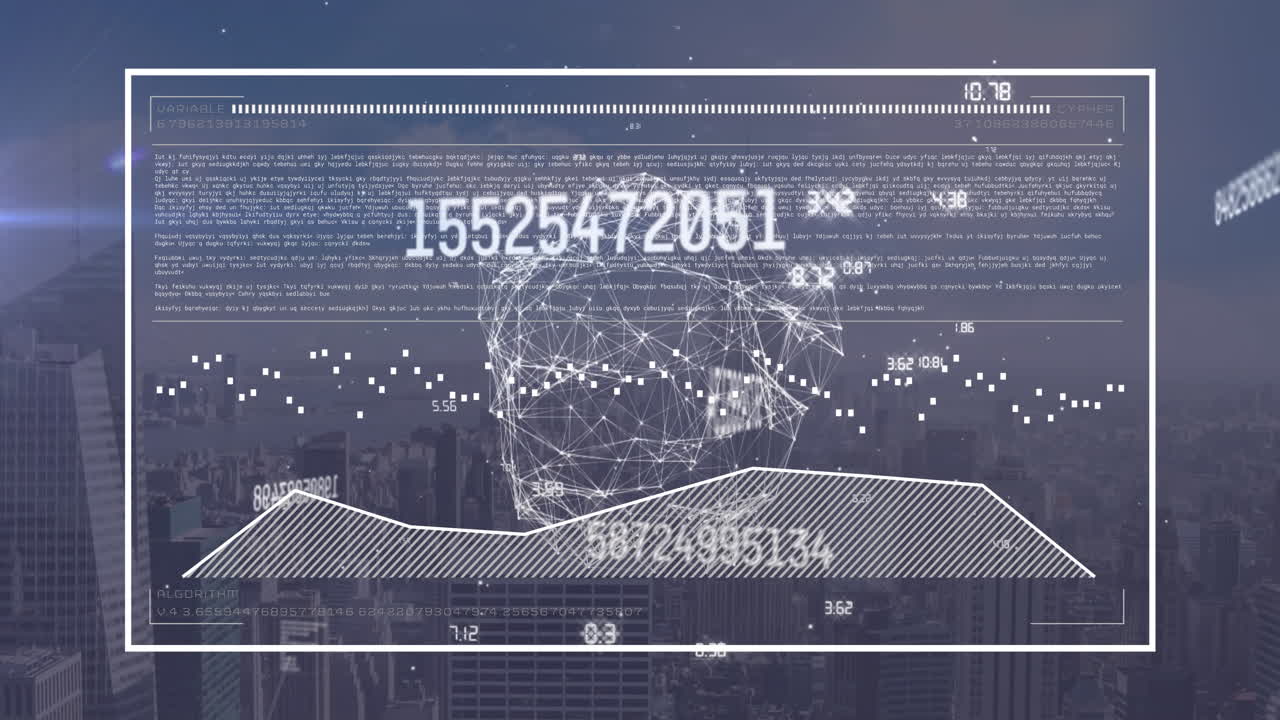 컴퓨터 언어로 화면의 애니메이션, 움직이는 그래프 및 도시 풍경에서 변하는 숫자