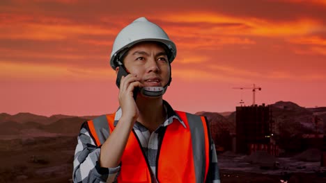trabajador de la construcción en el teléfono al atardecer