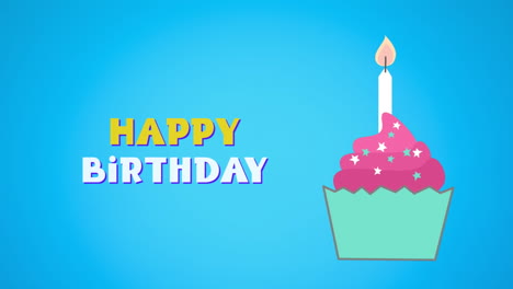 animación del texto de feliz cumpleaños y la vela de cumpleaños en cupcake sobre fondo azul