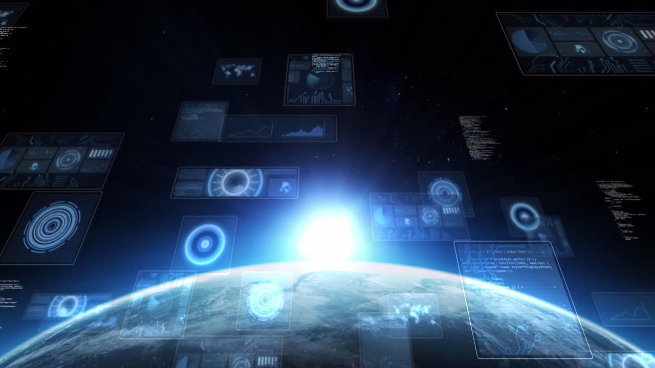 animación de escaneos y procesamiento de datos en pantallas en todo el mundo con horizonte brillante