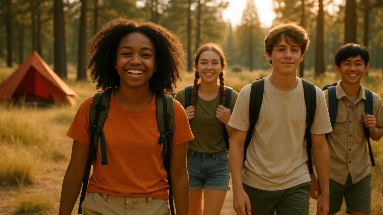 Een videostill van vier vrienden die wandelen in een bos, vastgelegd vanuit een laag standpunt.