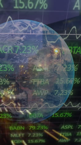 animación de gráficos financieros, datos y globo sobre el paisaje urbano y el tráfico vial