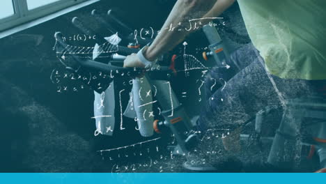 Mathematical equations against woman with prosthetic leg riding stationary cycle