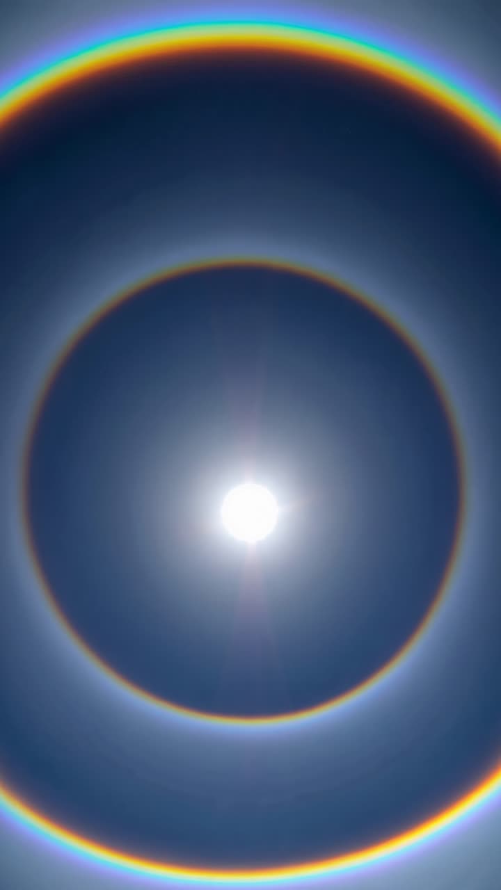 A mesmerizing video captures a solar halo with concentric rainbow rings, shot from a low-angle
