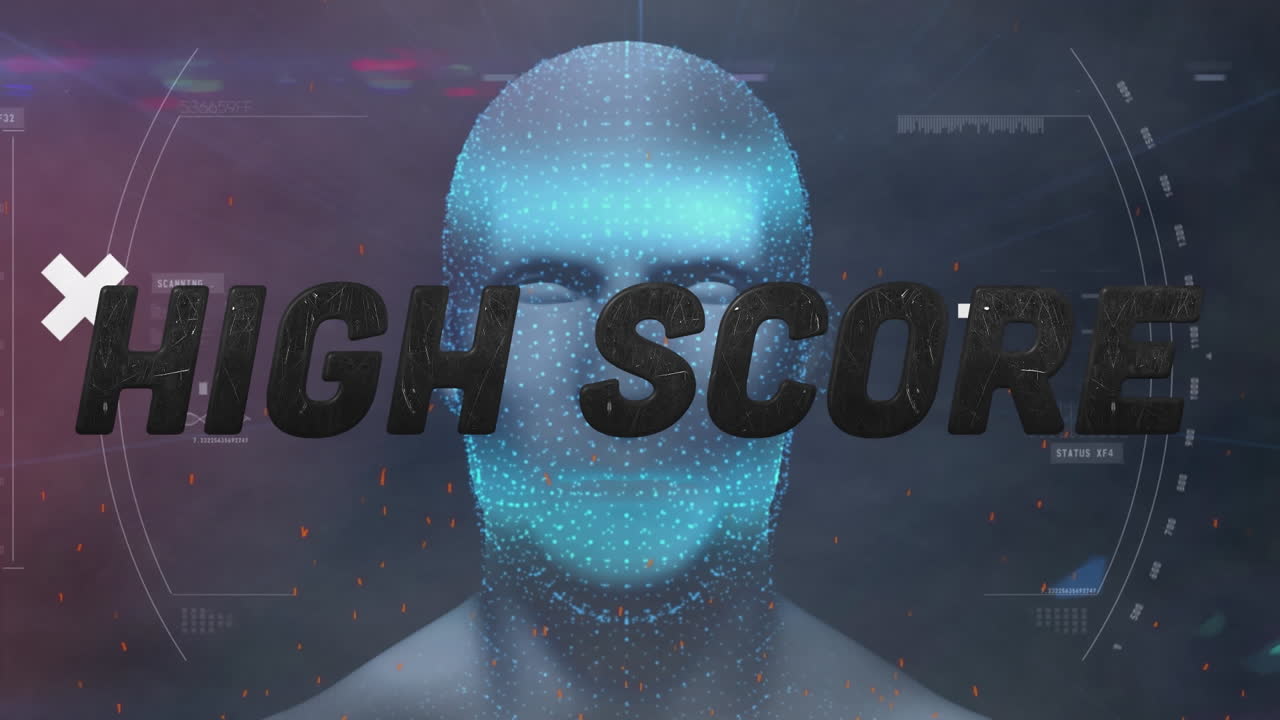 Abstract shapes and high score text against network of connections over globe on blue background