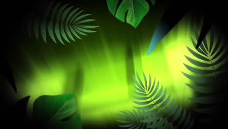 Animation-of-pattern-with-exotic-leaves-over-glowing-green-background