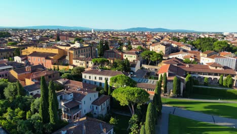 aerial sunrise view of pisa field of miracles from drone - tuscany - italy