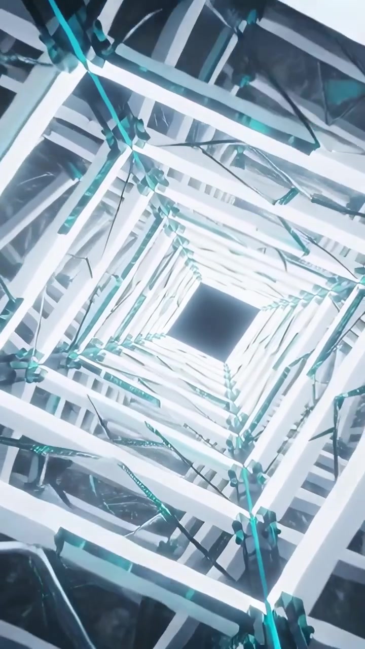Vertical video: Advancing camera toward central void inside rotating lattice shaft, with teal nodes