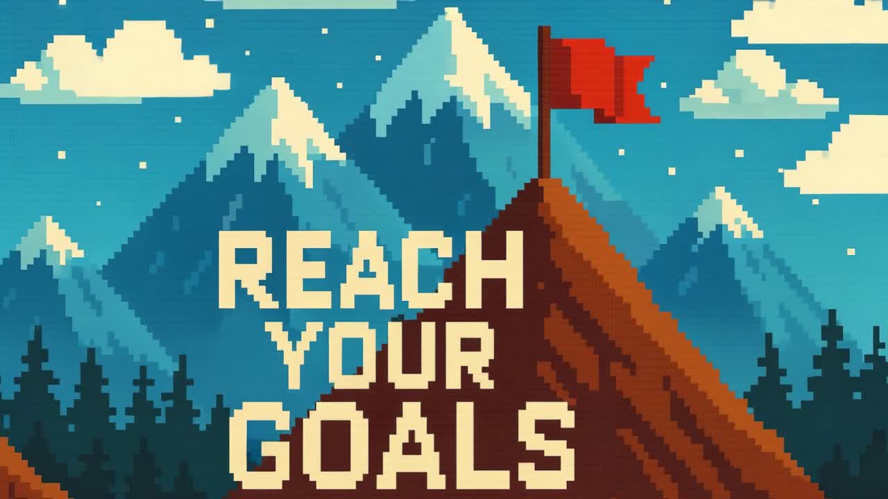 Pixel art scene depicting a mountain peak with a red flag, encouraging viewers to reach their goals, showcasing vibrant colors and a serene landscape atmosphere
