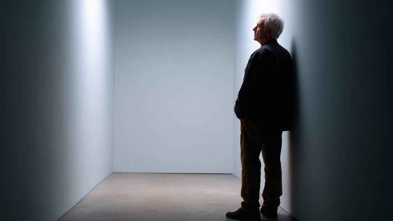 Un momento di riflessione: un individuo contempla la vita da solo in un cubo minimalista, immerso in una luce soffusa, catturando emozioni di solitudine e introspezione