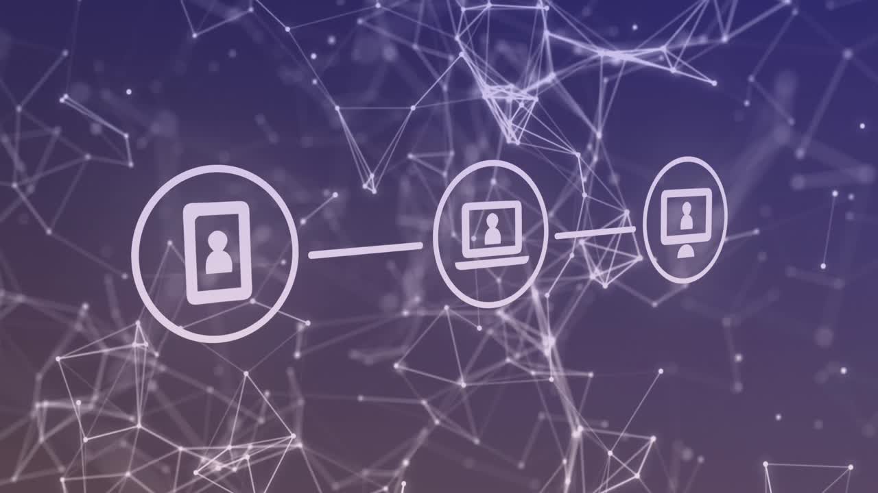 animación de iconos en círculos sobre puntos conectados que forman formas geométricas en un fondo de gradiente.