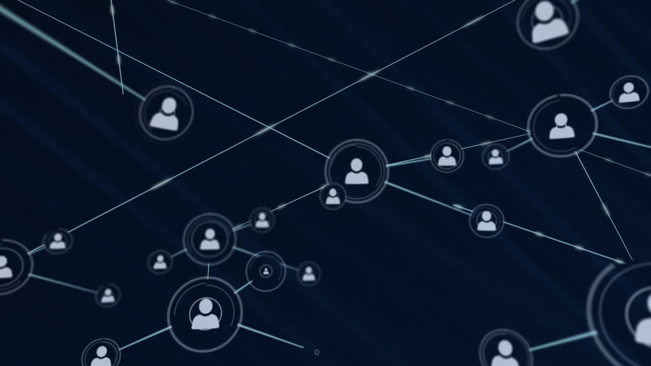 animación de la red de conexiones con iconos sobre fondo azul oscuro