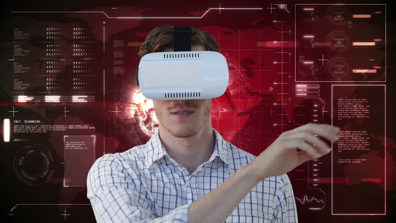 animación de un hombre de negocios caucásico con auriculares vr sobre el procesamiento de datos en fondo rojo