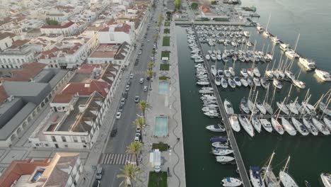 aerial overheard view over vila real de santo antonio marina in portugal during sunset