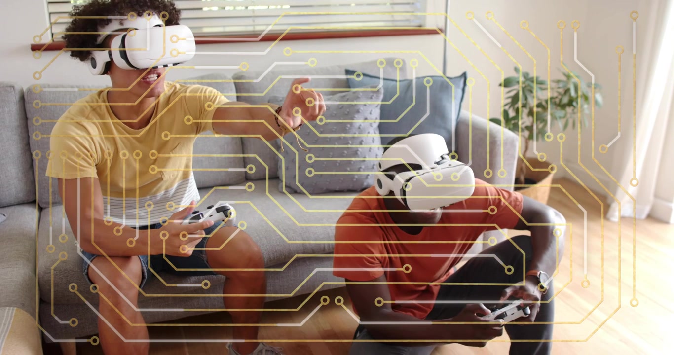 Friends donning VR headsets and grabbing controllers, starting gaming match with circuit overlay