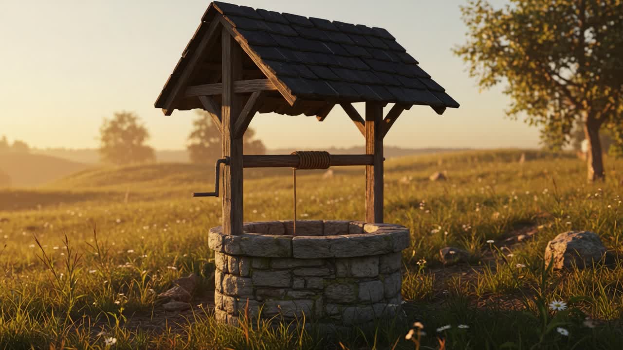 A Stunning Natural Landscape Featuring a Rustic Stone Well Surrounded by Lush Greenery and Vibrant Flowers, Capturing the Essence of Serenity and Tranquility