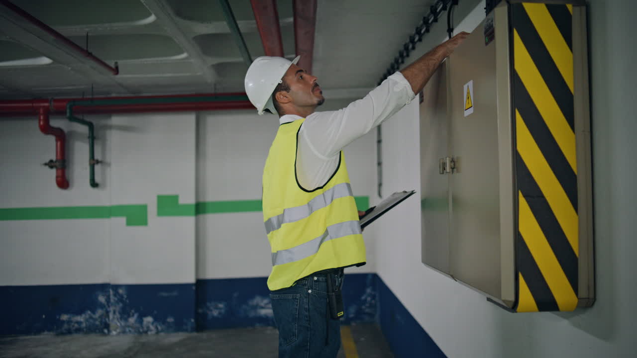 Electrical technician checking communications parking lot zoom on. Man working