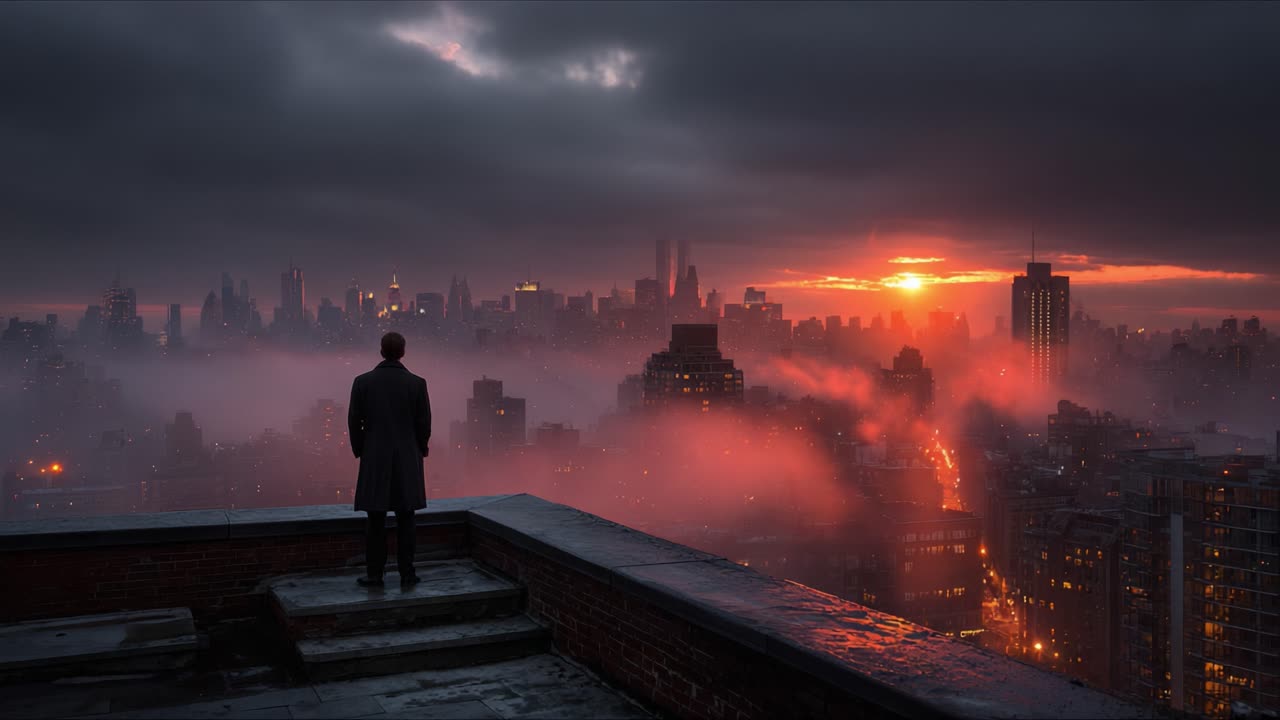A Solemn Figure Gazes at a Distant Skyline Bathed in Sunset Amidst a Mysterious Misty Atmosphere, Capturing the Essence of Hope and Reflection in the Urban Landscape
