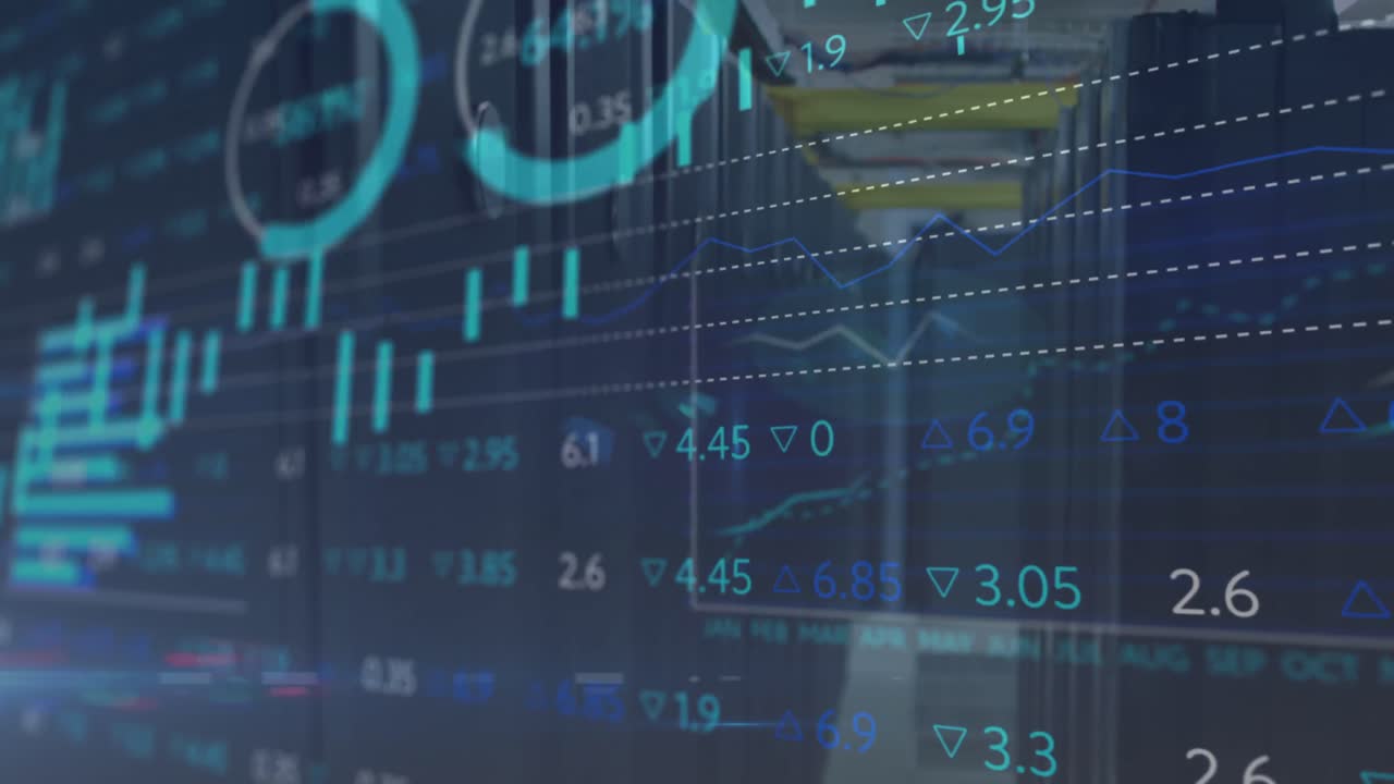 animazione delle statistiche e dell'elaborazione dei dati in una sala tecnica con server informatici