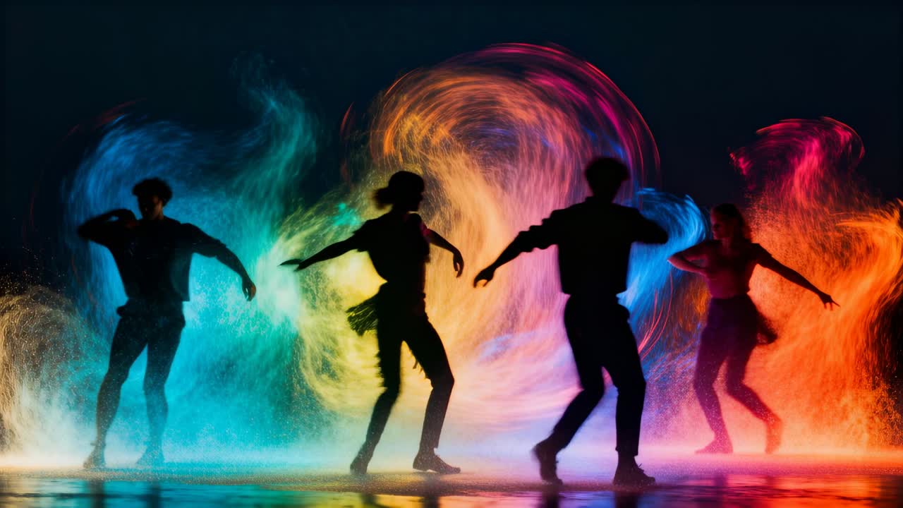 照明の合図に反応し、色鮮やかな煙が立ち込める中、ダンスウェアを着た4人のダンサーが光沢のあるフロアで動きを同期させる。