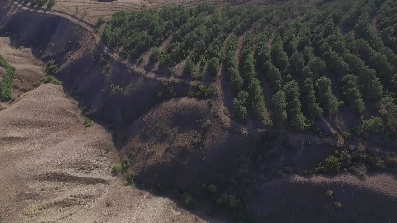vista aérea de un terreno montañoso con bosques y tierras secas