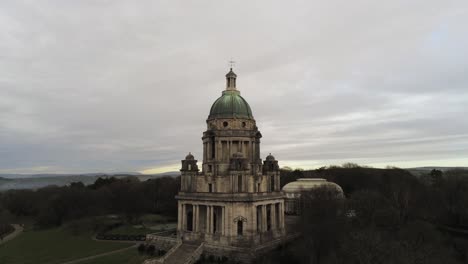 aerial view landmark historical copper dome building ashton memorial english countryside rising upwards