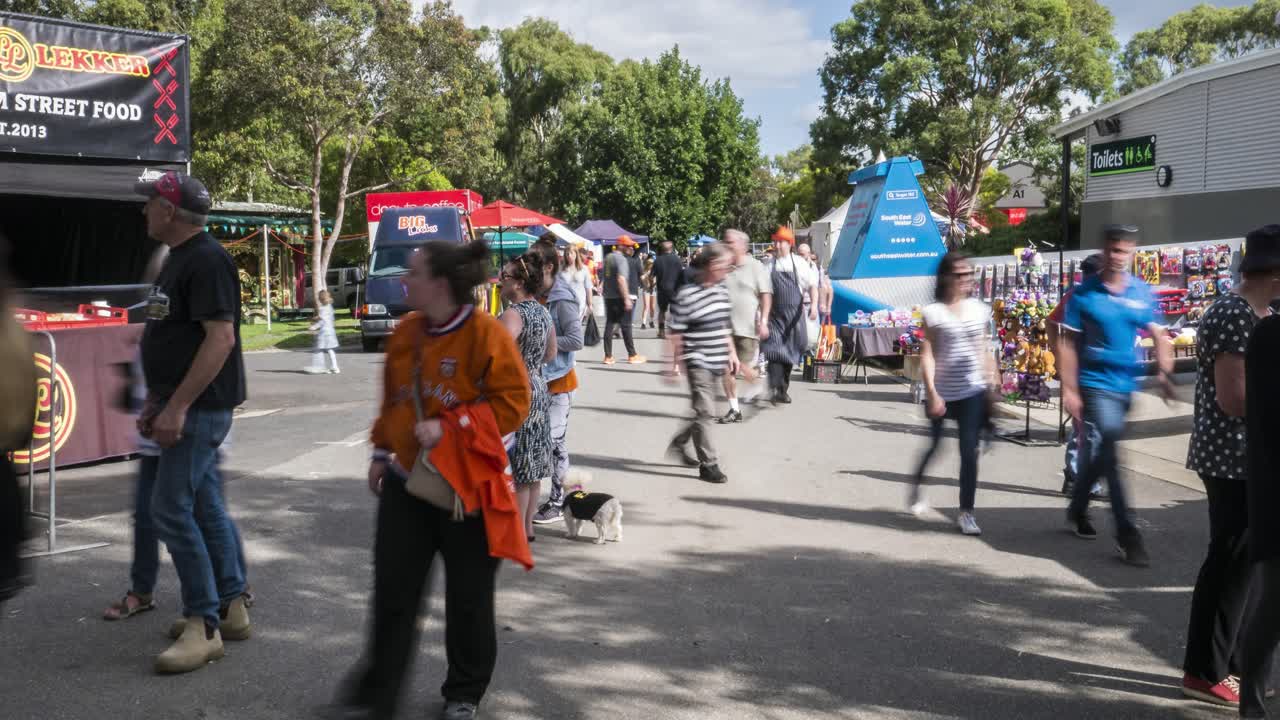 Timelapse of people walking among vendors at the Holland Festival in the outer suburbs of Melbourne, Victoria, Australia, March 2020.