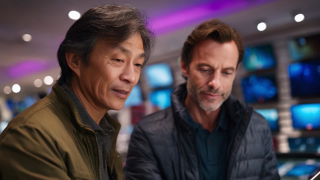 Two men engage in a focused discussion while examining technology equipment in a modern store environment, highlighting their interaction and the intriguing gadgets surrounding them