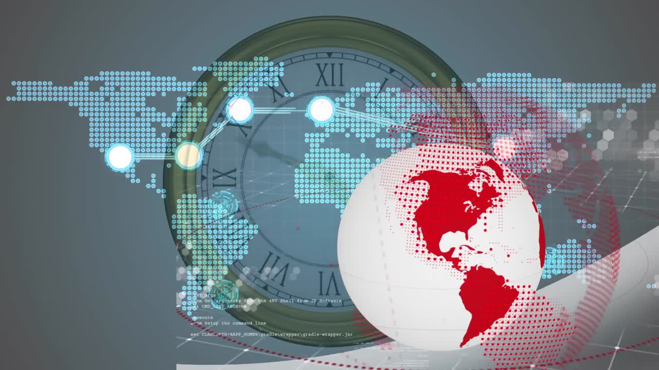 세계 지도에 대한 전 세계 연결 네트워크와 시계에 대한 전 세계 연결 네트워크에 대한 전 세계 및 데이터 처리 애니메이션