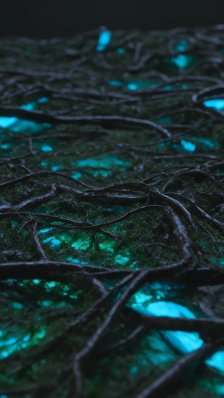 Vertical video: Moving camera revealing tangled roots over moss at night, exposing turquoise glow