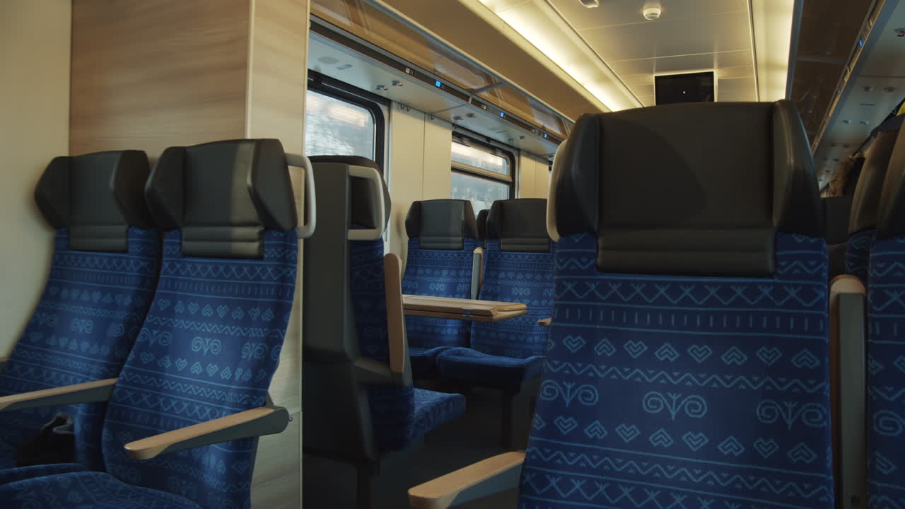 luz obstruida que golpea los asientos del tren desde las ventanas exteriores del vagón en un patrón estroboscópico - toma estática de primer plano medio