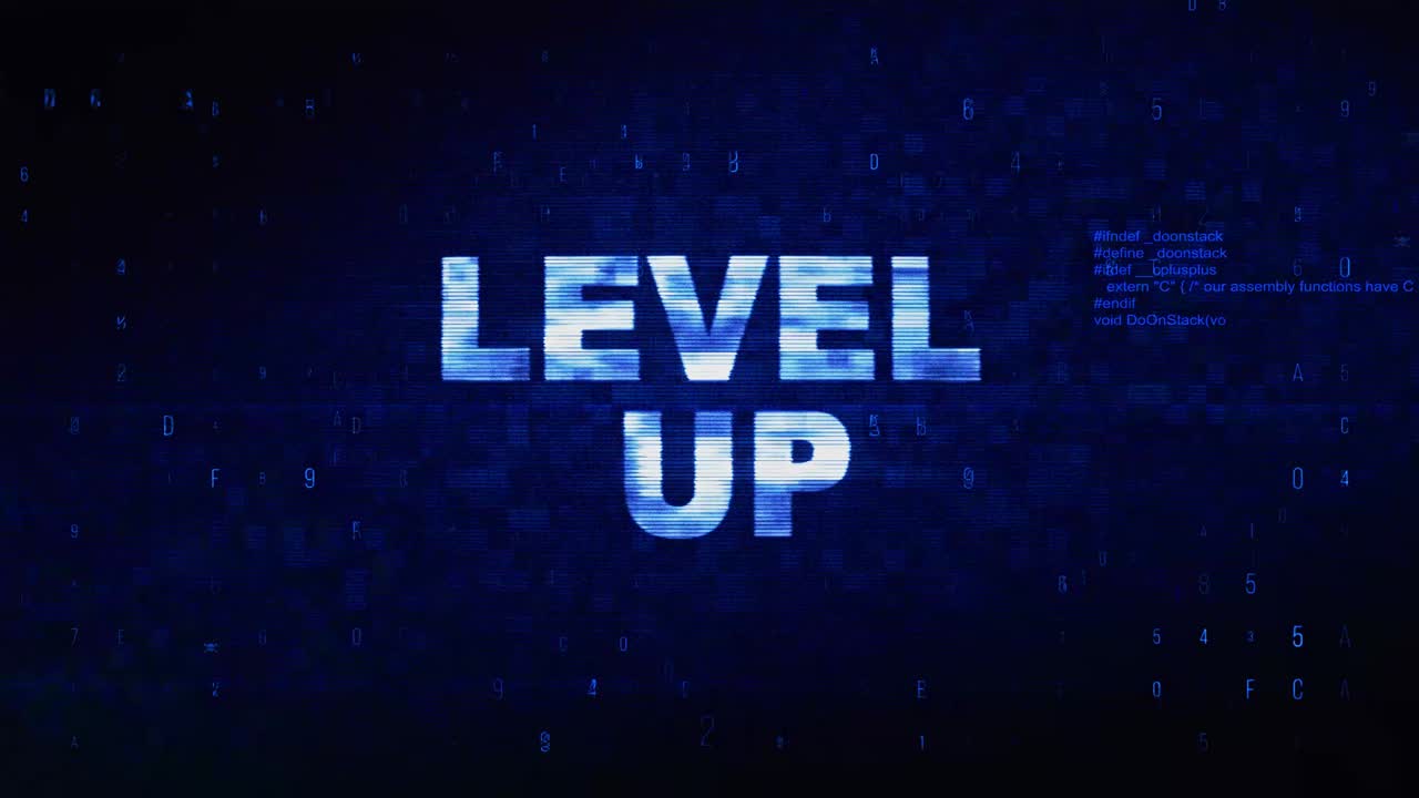 Level up text digital noise twitch and glitch effect tv screen loop animation background login and