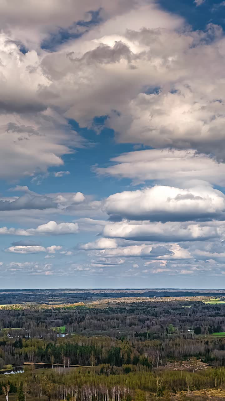 Dramatic cloudy sky over rural forest with moving clouds in drone hyperlapse, vertical