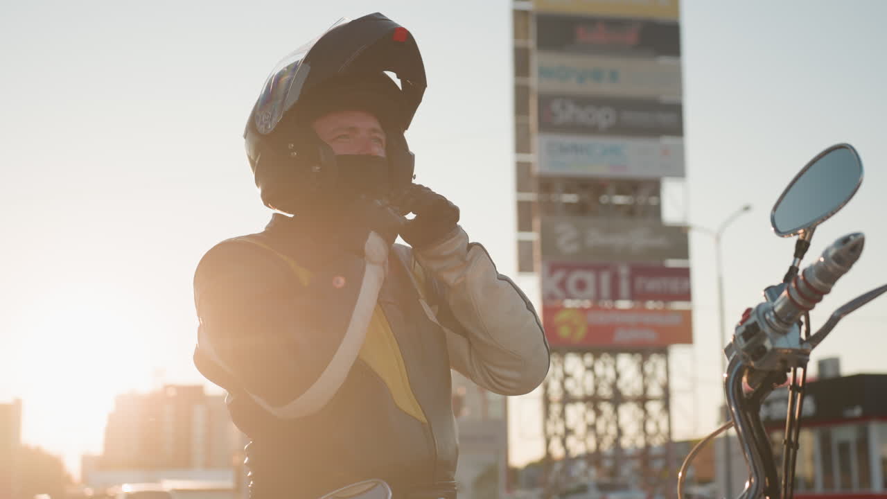 Biker puts on helmet preparing for ride with sunlight glow highlighting face wearing leather jacket in urban environment with high rise building in background