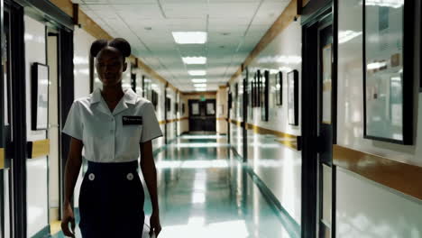 woman nurse walking down hospital corridor