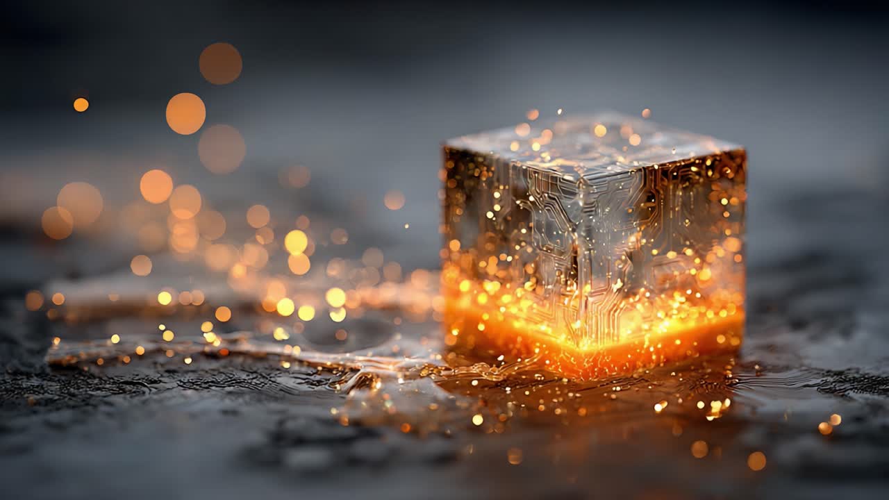 A mesmerizing close-up of a glowing crystal cube, sparkling with vibrant colors and shimmering light effects, capturing the essence of beauty in crystaline formations