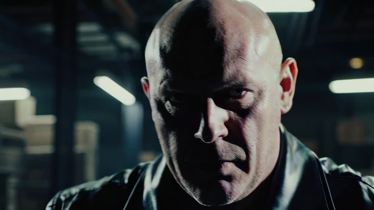 Angry Bald Man in Leather Jacket in a Warehouse