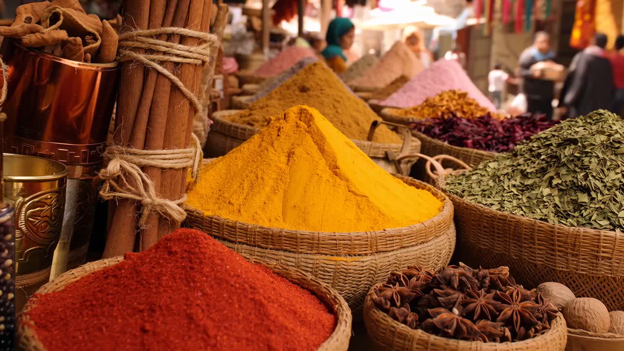 Especiarias vibrantes em cestos ao nível dos olhos, exibindo uma cena de mercado colorida, perfeita para vídeo.