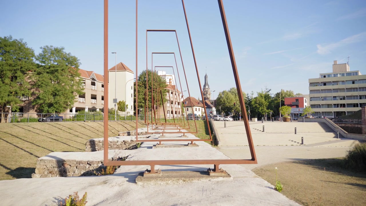 Modern geometric metal art installation in a public urban space in the city center of Saarlouis Germany
