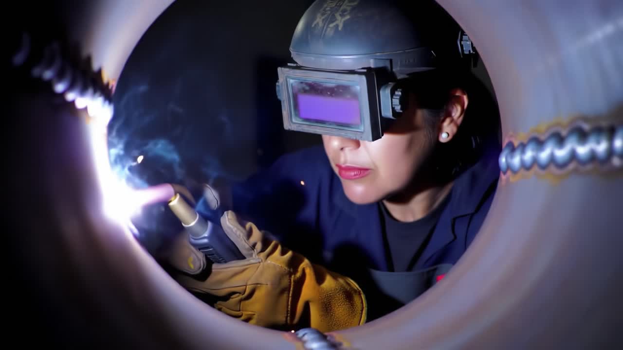 Woman Welder Working on a Pipe