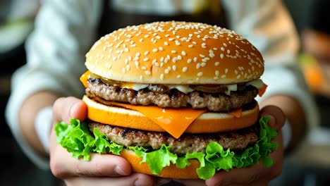 a person holding a large hamburger in their hands