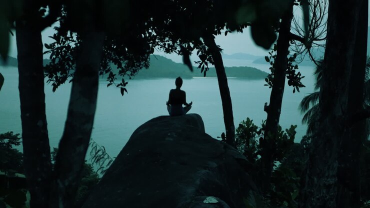 Woman Meditating on a Rock overlooking the Ocean