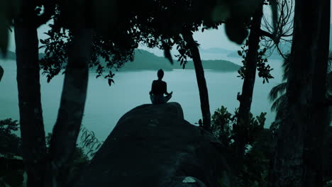 woman meditating on a rock overlooking the ocean