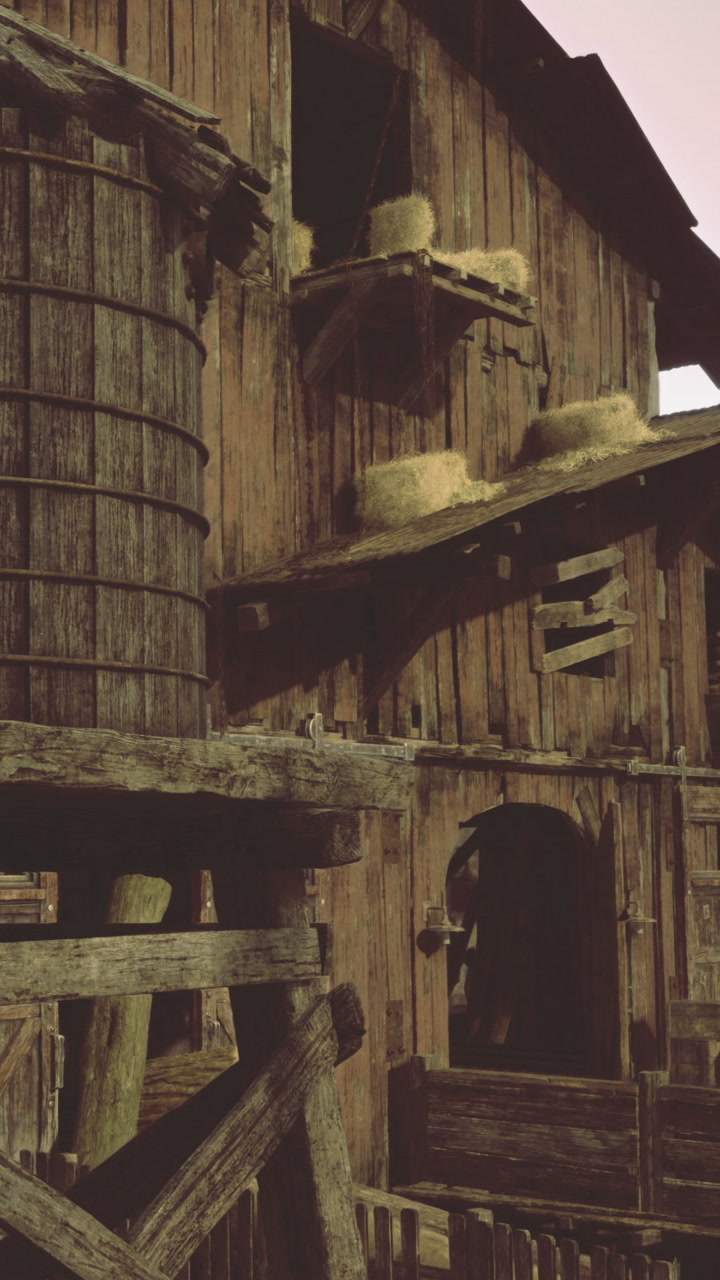 Barn structure with wooden features and storage at dusk in a rural area