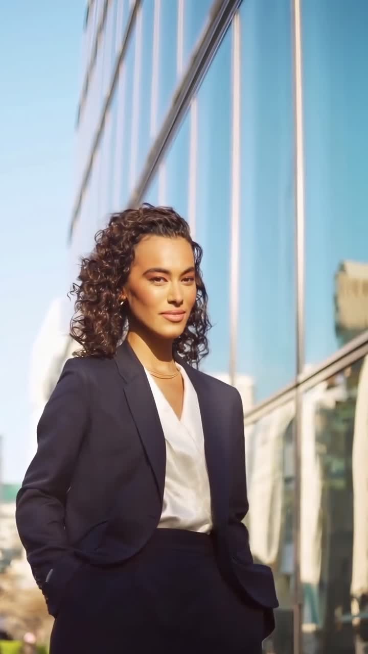 Mulher confiante em traje de negócios, filmada de um ângulo baixo, perfeito para um vídeo corporativo