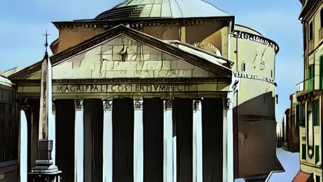 present and past of pantheon roman temple of rome in italy, cartoon animation